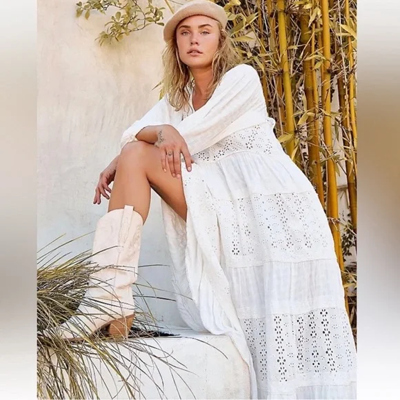 Free People Mockingbird Maxi Dress White Eyelet Lace Boho Wedding